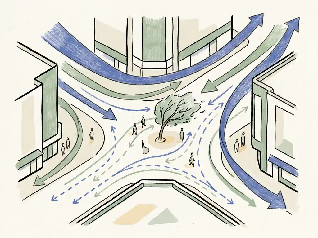 Wind streamlines curving around an urban plaza at pedestrian height, with small figures and a gently bending tree in sage green tones.