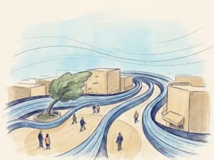 Wind streamlines curving around an urban plaza with stylized pedestrians and a bending tree, illustrating measured airflow in soft blue and navy tones.