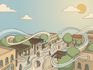 Aerial illustration of an urban square with wind streamlines curving around trees, pergolas, and building facades as pedestrians stroll below in warm golden light.