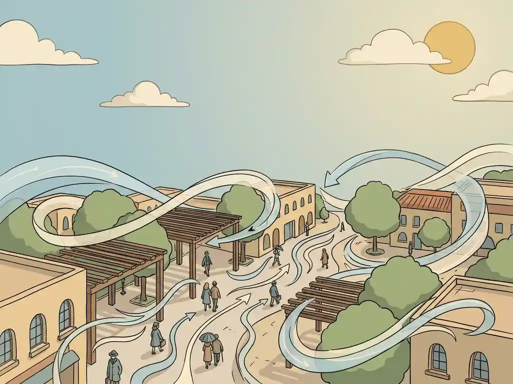 Aerial illustration of an urban square with wind streamlines curving around trees, pergolas, and building facades as pedestrians stroll below in warm golden light.