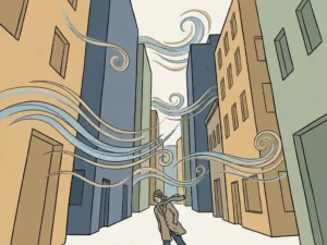 Pedestrian leaning into a breeze on a narrow urban street, with illustrated wind streams flowing between tall buildings.
