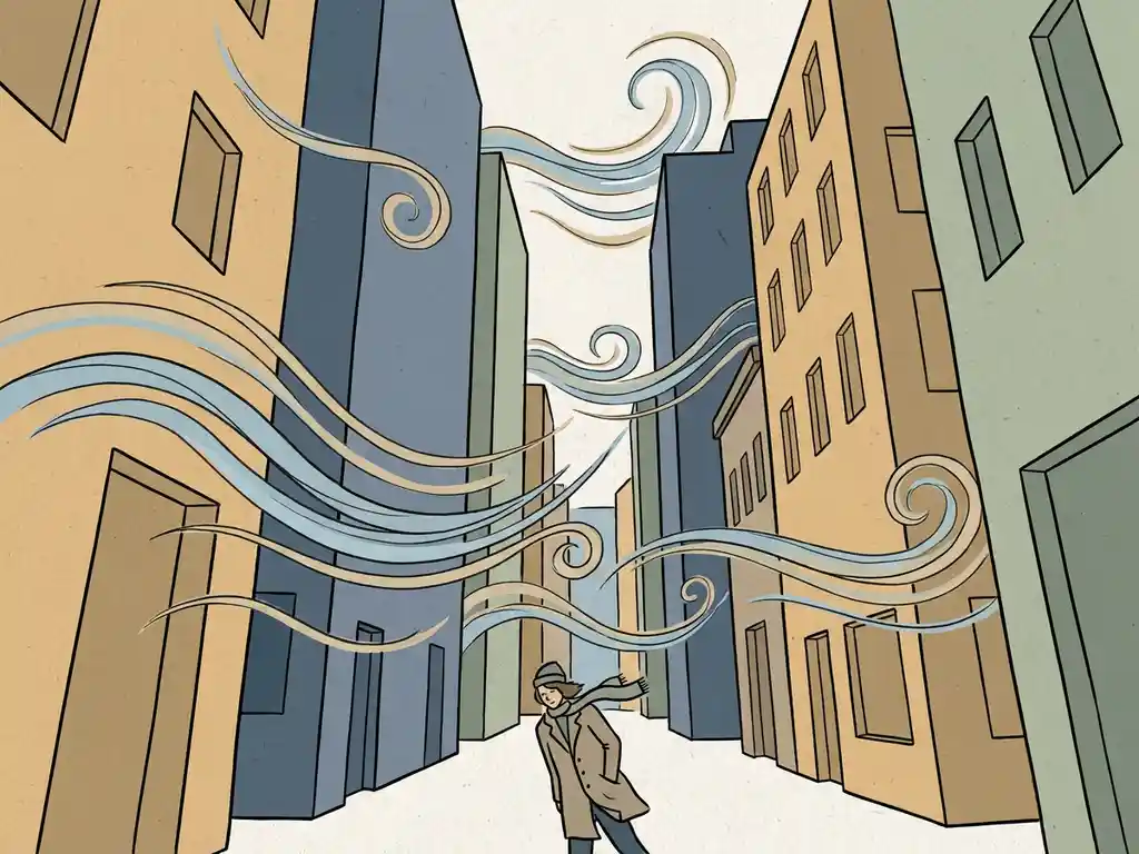 Pedestrian leaning into a breeze on a narrow urban street, with illustrated wind streams flowing between tall buildings.
