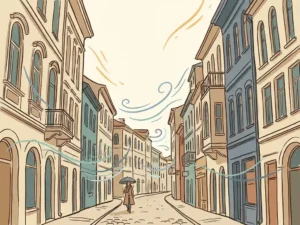 Illustrated urban street canyon with wind streamlines flowing between tall buildings around a calm pedestrian below, in warm ivory and muted teal tones.