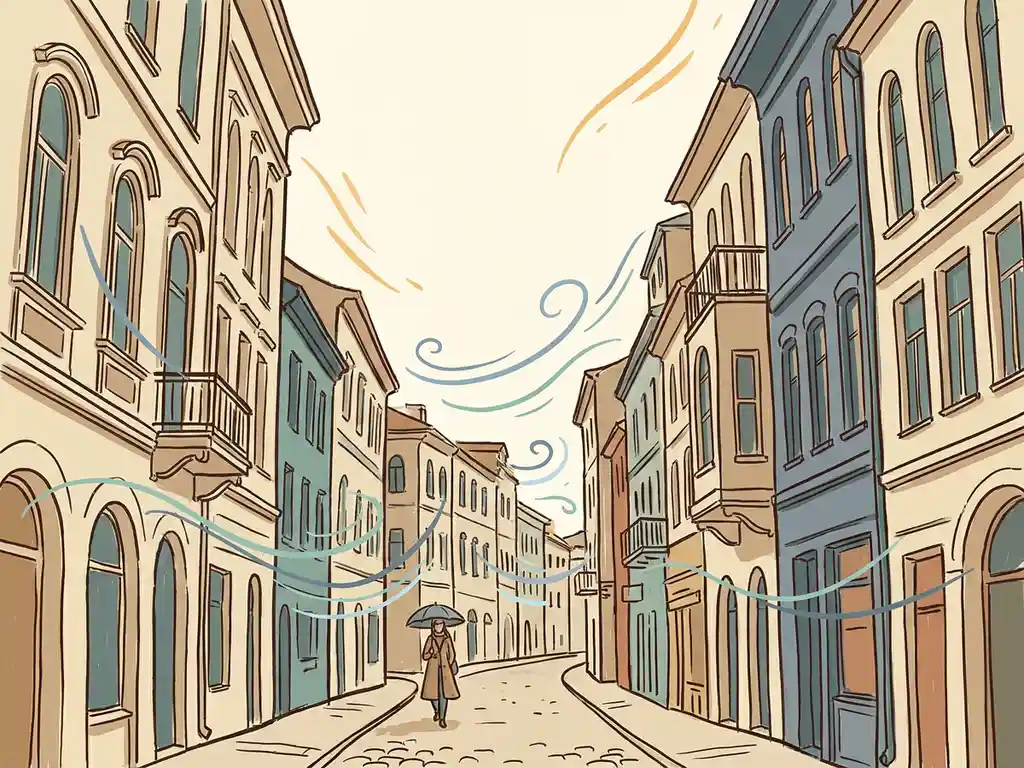Illustrated urban street canyon with wind streamlines flowing between tall buildings around a calm pedestrian below, in warm ivory and muted teal tones.