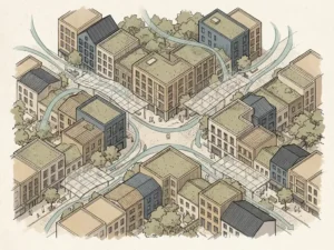 Isometric ink illustration of urban streetscape with teal wind flow lines curving around building facades, tree canopies, and low-rise canopy structures.