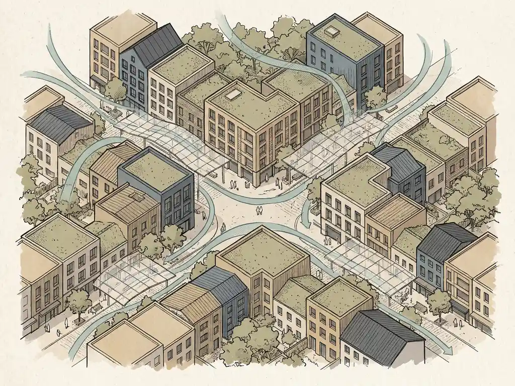 Isometric ink illustration of urban streetscape with teal wind flow lines curving around building facades, tree canopies, and low-rise canopy structures.