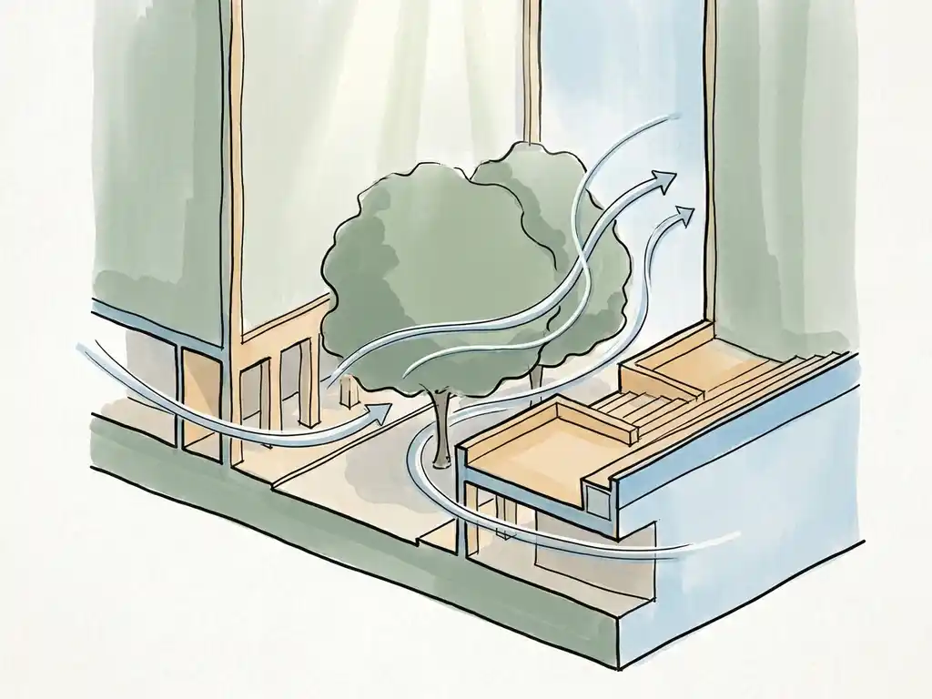 Hand-drawn cross-section of urban canyon with wind streamlines flowing around tree canopy, building arcade, and low podium in sage, sandstone, and blue.