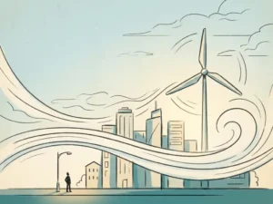 Wind streamlines curving around a city skyline and wind turbine, with a pedestrian at street level illustrating urban airflow at human scale.
