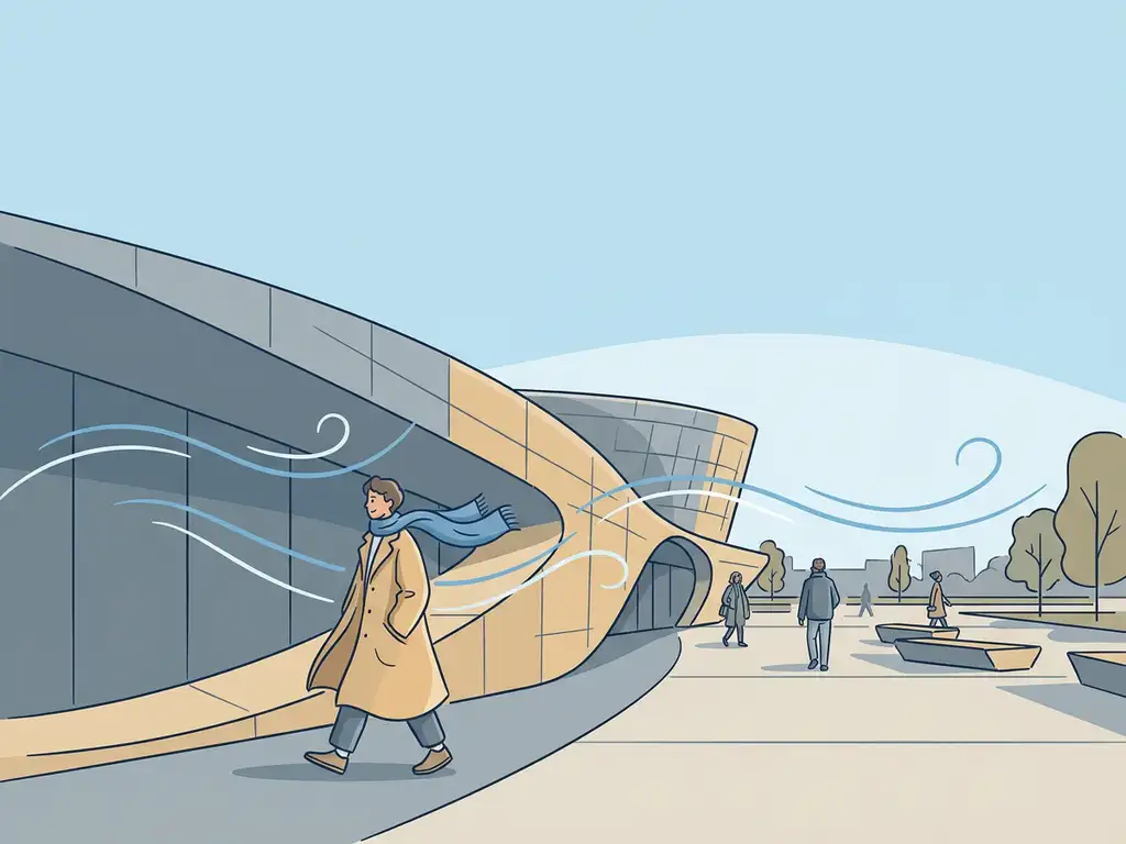 Person walking past a curved modern building with wind streamlines flowing around the facade, scarf lifted by a gentle breeze, urban plaza in background.