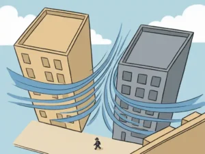 Wind currents accelerating through a narrow gap between two city buildings, illustrated with flowing streamlines and a pedestrian figure for scale.