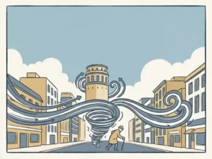 Pedestrian leaning into strong wind vortex at street level beside a tall urban tower, with swirling airflow streamlines illustrated in slate blue and sand tones.