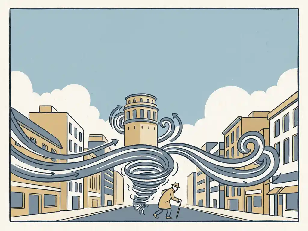 Pedestrian leaning into strong wind vortex at street level beside a tall urban tower, with swirling airflow streamlines illustrated in slate blue and sand tones.