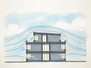 Wind streamlines and pressure zones flowing around a mid-rise building cross-section, illustrated in sky blue, white, and slate grey.