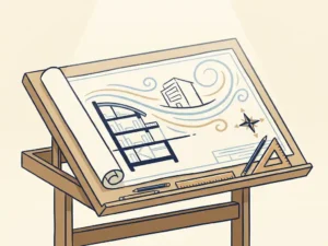 Architect's drafting table with a building blueprint showing wind streamlines curving around a cross-section, compass rose, navy and sky blue palette.