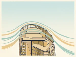 Architectural cross-section of a tall curved building with teal and navy wind streamlines flowing around its aerodynamic facade.