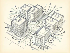 Blueprint-style drawing of wind streamlines curving around mid-rise buildings, with a human figure showing pedestrian-level airflow scale.
