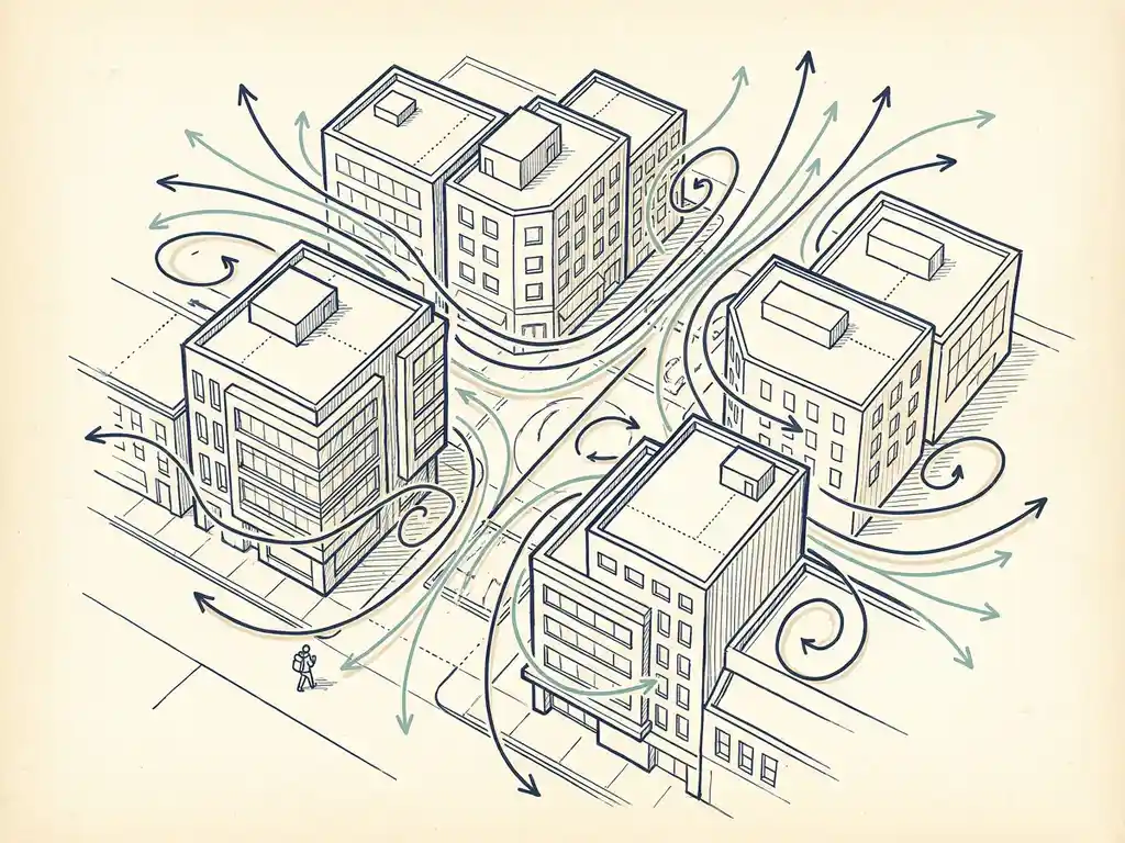 Blueprint-style drawing of wind streamlines curving around mid-rise buildings, with a human figure showing pedestrian-level airflow scale.