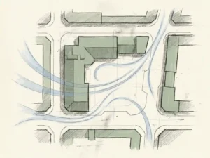 Hand-drafted illustration of wind flow streamlines curving around a building in an open urban plaza, rendered in soft blue arcs on cream paper.