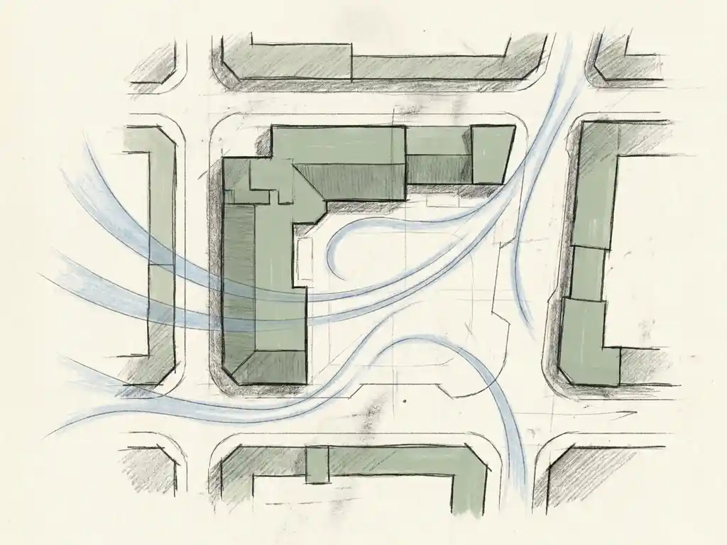 Hand-drafted illustration of wind flow streamlines curving around a building in an open urban plaza, rendered in soft blue arcs on cream paper.