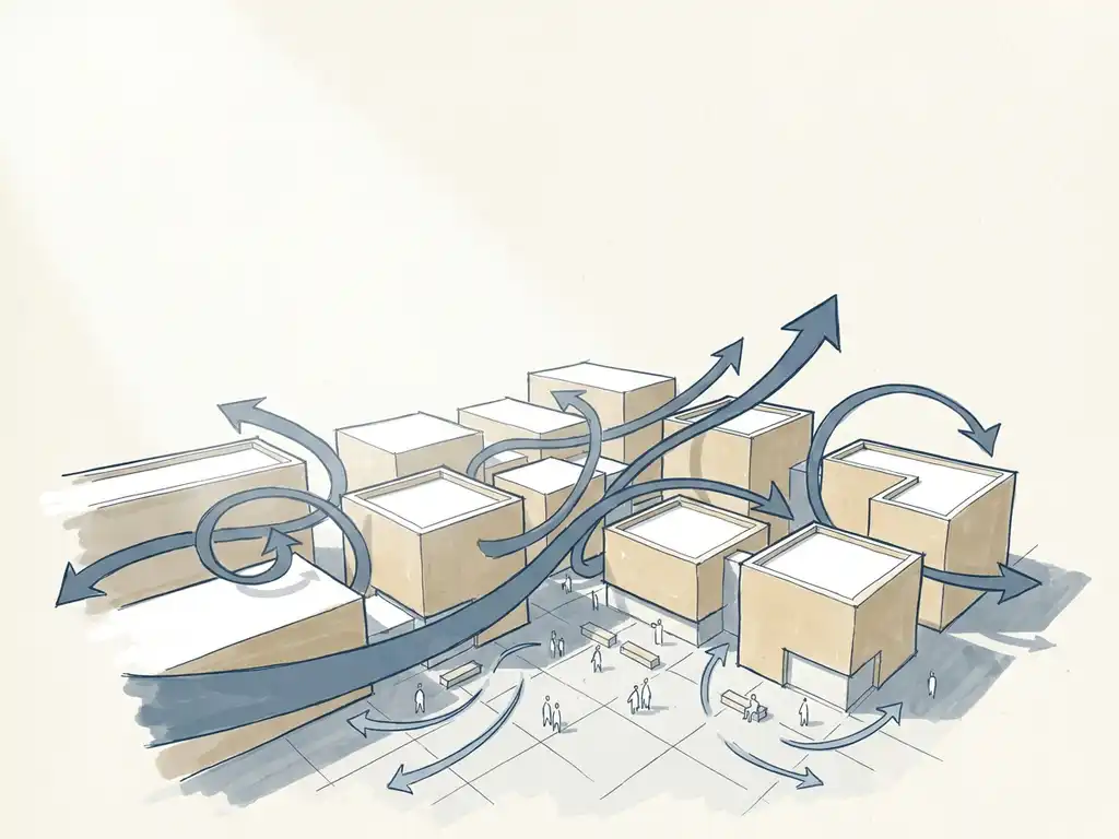Wind streamlines curving around urban city blocks at pedestrian level, architectural sketch in slate blue and warm sand tones.