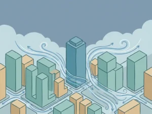 Wind streamlines curving around city buildings in a three-quarter aerial view, with a tall tower creating a funnel effect in soft blue and teal tones.