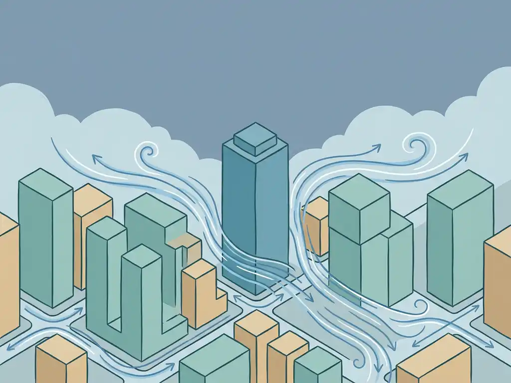 Wind streamlines curving around city buildings in a three-quarter aerial view, with a tall tower creating a funnel effect in soft blue and teal tones.
