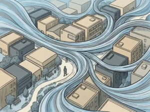 Wind streamlines curving around low-rise city buildings and pedestrian walkway, with a lone figure walking beneath flowing air currents.