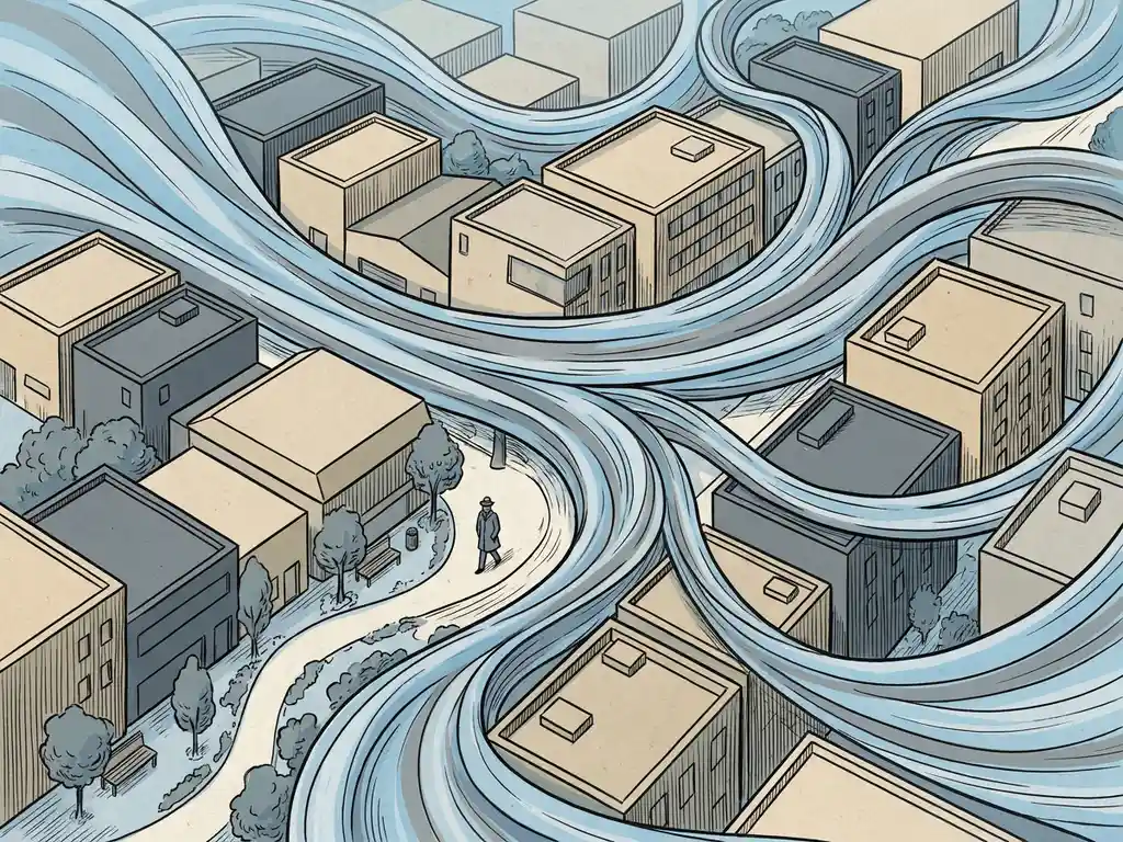Wind streamlines curving around low-rise city buildings and pedestrian walkway, with a lone figure walking beneath flowing air currents.
