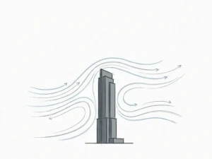 Wind streamlines flowing around a slender high-rise building, illustrated in pencil-sketch style with soft blue and slate grey tones.