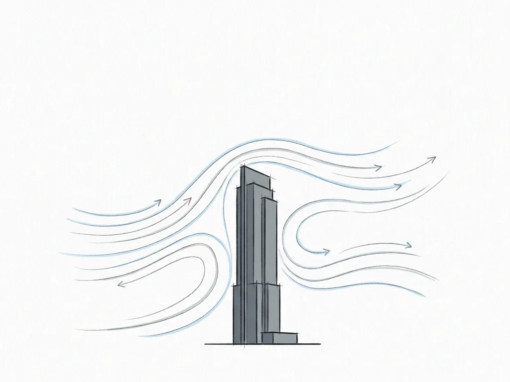 Wind streamlines flowing around a slender high-rise building, illustrated in pencil-sketch style with soft blue and slate grey tones.
