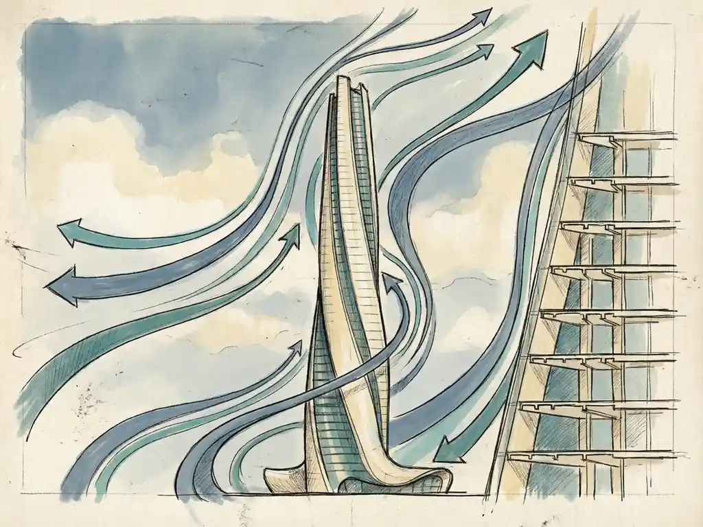 Slender high-rise tower with wind streamlines curving around its facade, illustrated in soft steel blue, ivory, and teal with architectural cross-section detail.