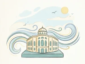 Wind streamlines curving around a stylized architectural building model, illustrated in soft sky blue, ivory, and muted teal tones.