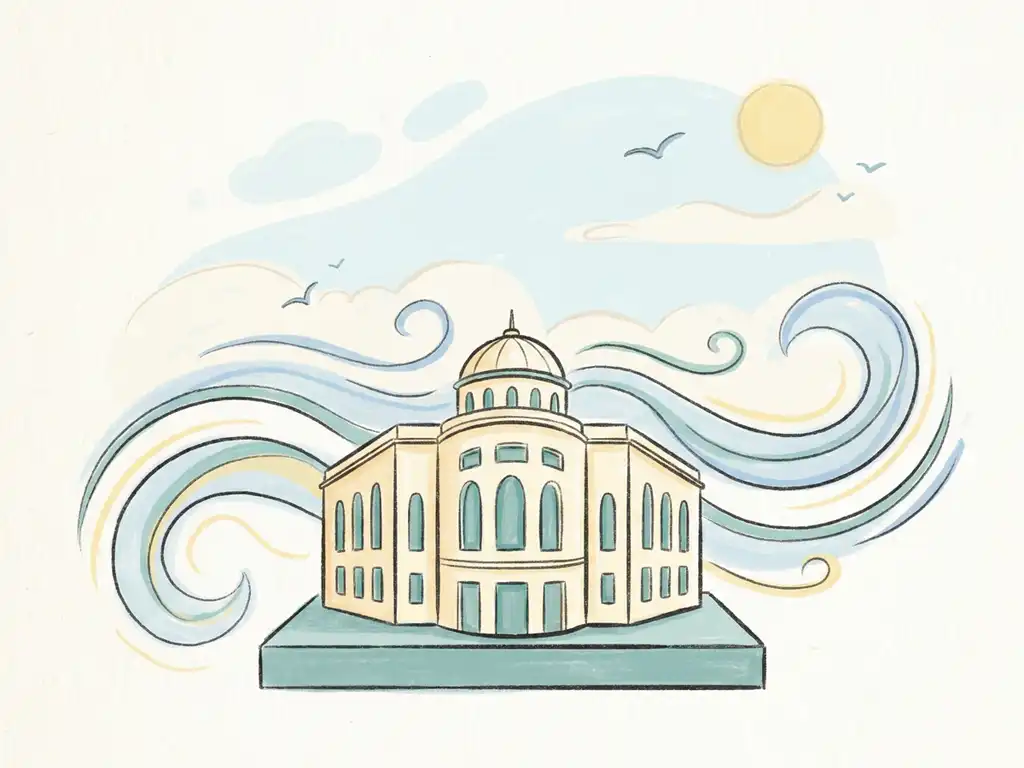 Wind streamlines curving around a stylized architectural building model, illustrated in soft sky blue, ivory, and muted teal tones.