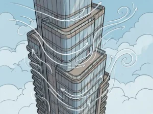 Wind streamlines curving around a tall modern glass building, illustrated in soft blue and slate grey with white airflow arrows at corners.