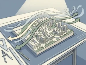 Wind streamlines curving around an architectural scale model of a mixed-use urban development, illustrating airflow patterns in a hand-drawn style.