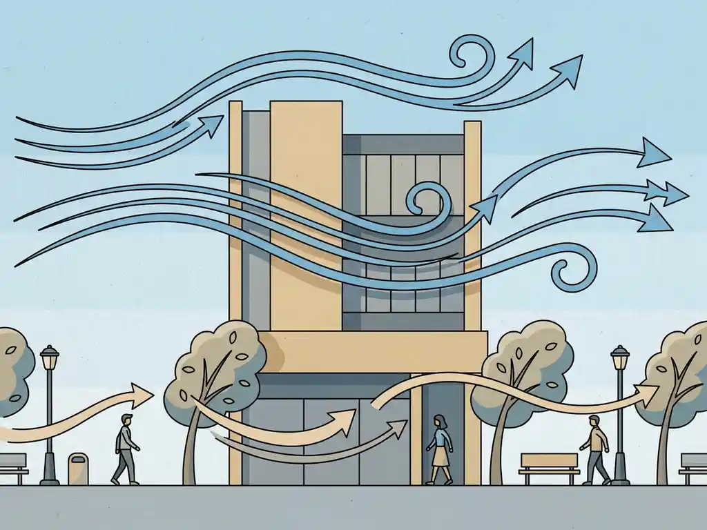 Wind streamlines curving around a modern building facade at pedestrian level, with trees bending gently in an urban streetscape illustration.