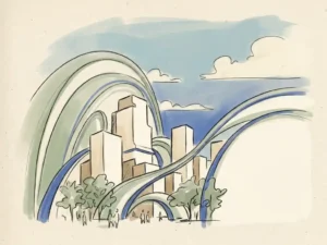 Wind streamlines curving around an urban building cluster, illustrating pedestrian-level airflow comfort in sage green, ivory, and cobalt blue.