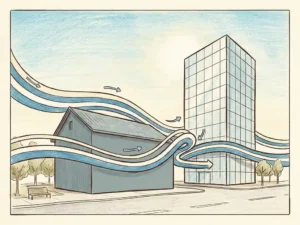 Wind streamlines curving and accelerating between a low-rise building and tall glass tower on a calm city street, illustrated in warm blue and cream tones.