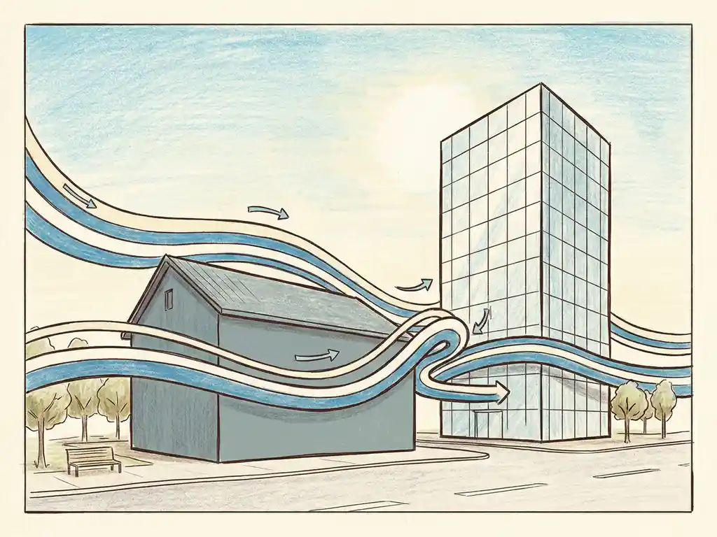 Wind streamlines curving and accelerating between a low-rise building and tall glass tower on a calm city street, illustrated in warm blue and cream tones.