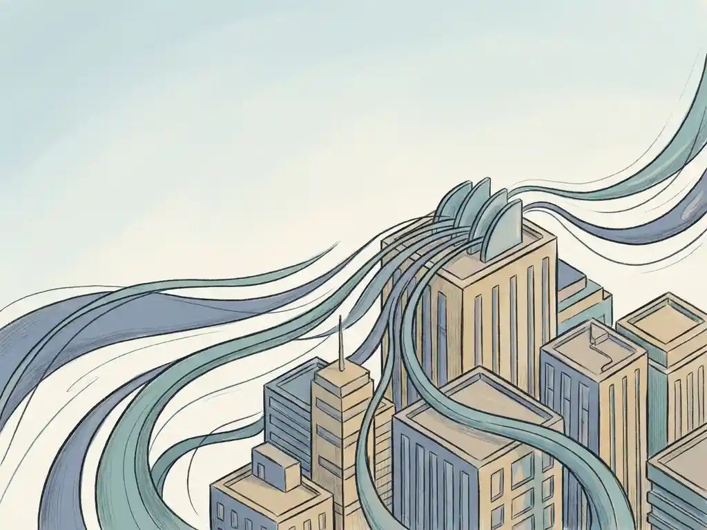 Hand-drawn illustration of wind streamlines curving around tall city buildings, with rooftop fins redirecting airflow in soft slate blue and teal tones.