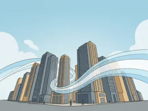 Wind streamlines curving around tall high-rise towers with pedestrians at street level, soft blue and sand-toned flat illustration.