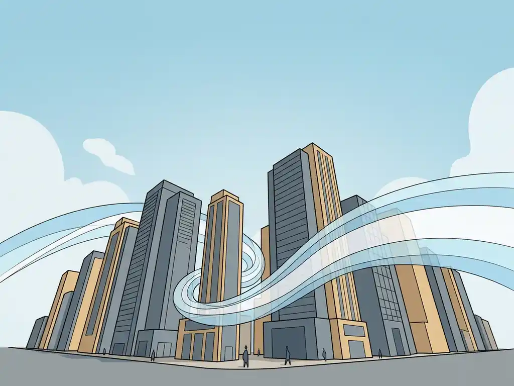 Wind streamlines curving around tall high-rise towers with pedestrians at street level, soft blue and sand-toned flat illustration.
