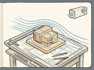 Hand-drawn wind streamlines flowing around an architectural building model on a drafting table, with soft blue arcs and a wind tunnel sketch in the background.
