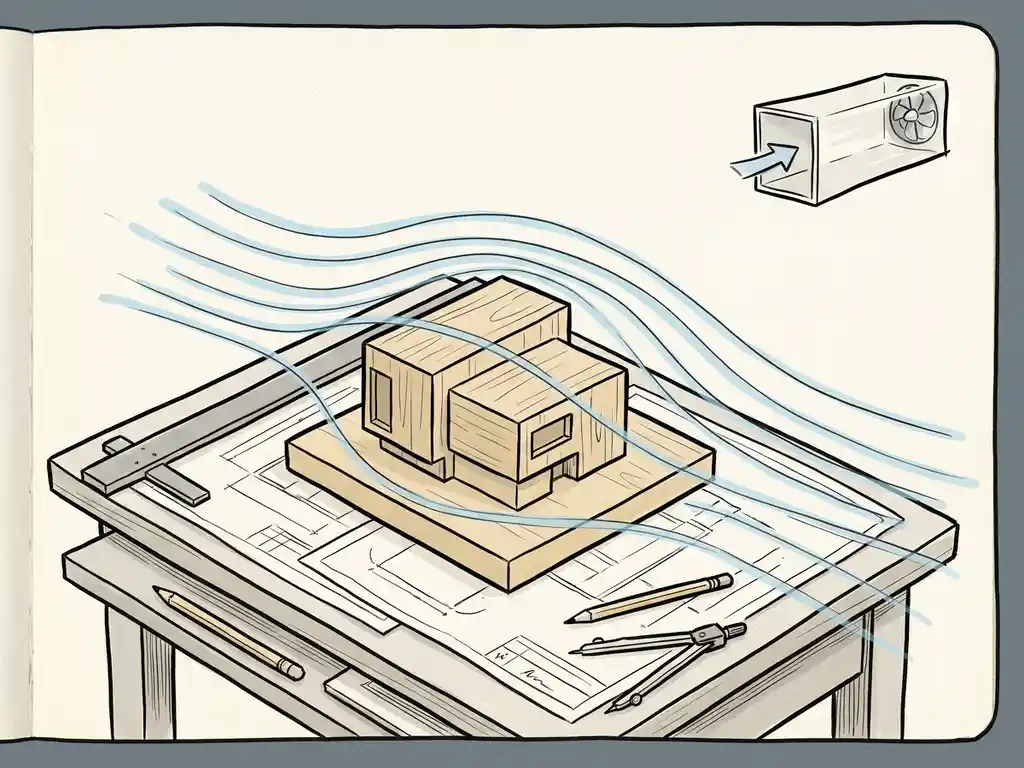 Hand-drawn wind streamlines flowing around an architectural building model on a drafting table, with soft blue arcs and a wind tunnel sketch in the background.