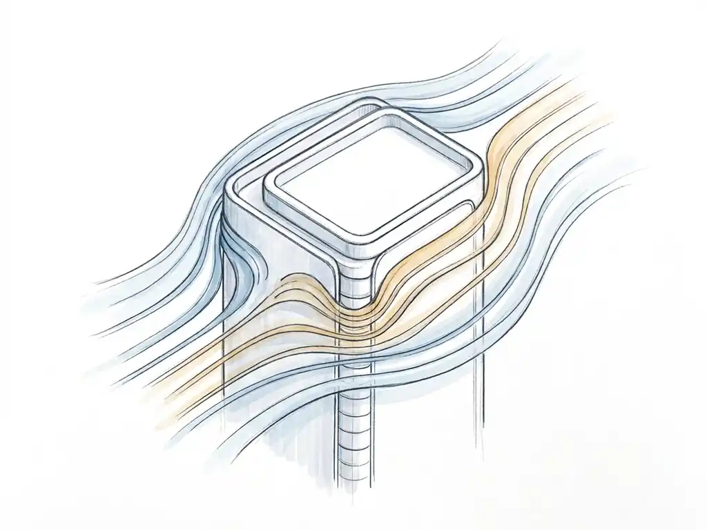 Wind streamlines curving around a tall building cross-section, showing pressure zones in blue and amber at an isometric angle.