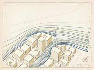 Wind streamlines curving around a city building cluster, showing velocity gradients through line density in a hand-drafted technical illustration.