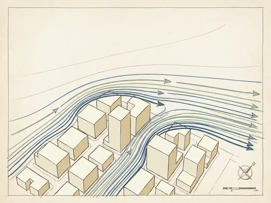 Wind streamlines curving around a city building cluster, showing velocity gradients through line density in a hand-drafted technical illustration.