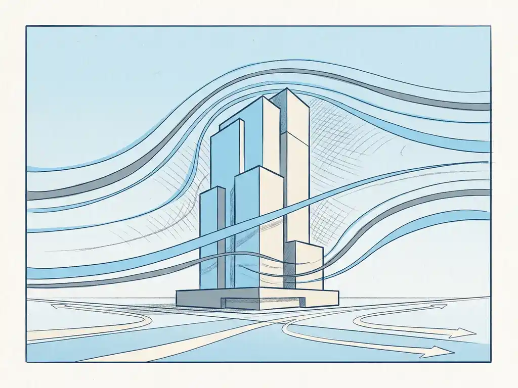 Wind streamlines curving around a modern high-rise building, illustrating airflow patterns and pedestrian-level air pressure zones.