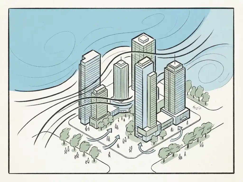 Wind streamlines curving around high-rise towers in a city plaza, with pedestrians walking comfortably among gently swaying trees, isometric illustration.
