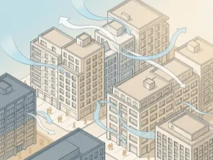 Isometric architectural illustration of wind streamlines flowing around urban buildings, with pedestrian silhouettes at street level in blue, sand, and grey tones.